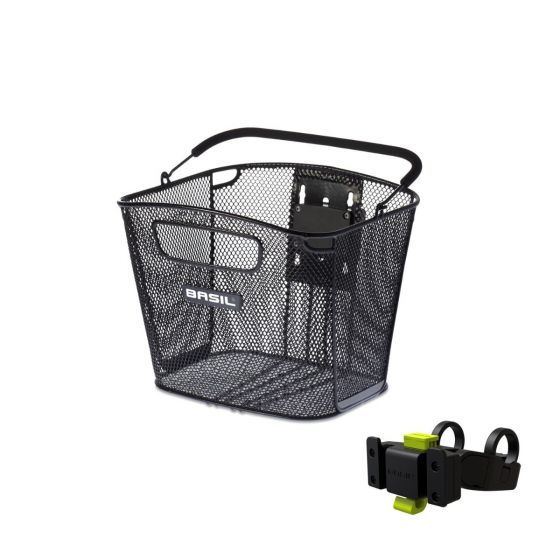 Basil Bold KF Kurv Front, sort alu, 16l, ink KlickFix Styrefeste